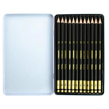 Ceruza készlet KORES 8B,7B,6B,5B,4B,3B,2B,B,HB,F,H,2H, 12db fém dobozban, háromszögletű, "GRAFITOS",