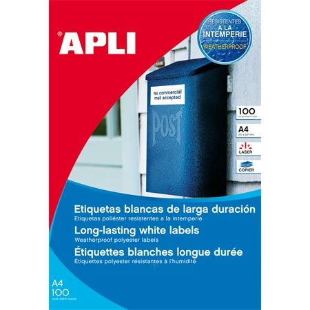 Etikett A/4 APLI poliészter, matt fehér időjárásálló 210x297 mm, 100 etikett/csomag