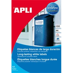 Etikett A/4 APLI poliészter, matt fehér időjárásálló 210x297 mm, 100 etikett/csomag