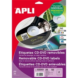 Etikett CD/DVD, 25 lap/csomag, matt, eltávolítható, APLI