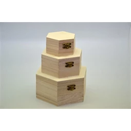 Fa doboz szett 3db-os hatszögletű, nagy:átmérő:16cm magas:8cm - kicsi: átmérő:9,1cm magas:4,5cm