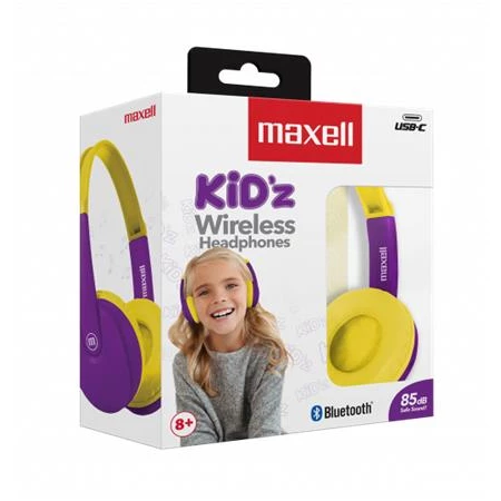 Fejhallgató, gyerek méret, vezeték nélküli, Bluetooth, mikrofonnal, MAXELL "HP-BT350", lila-sárga