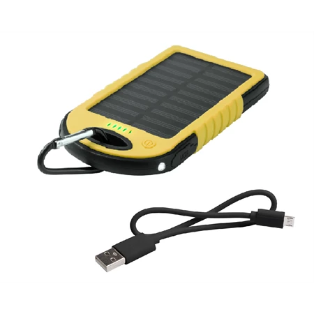 Hordozható akkumulátor, powerbank 4000mAh napelemes, sárga műanyag szilikon borítással 1 led világítással