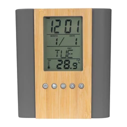 Írószertartó LCD kijelzővel, bambusz előlappal, órával, ébresztővel, dátum és napok jelzővel, és hőmérővel.