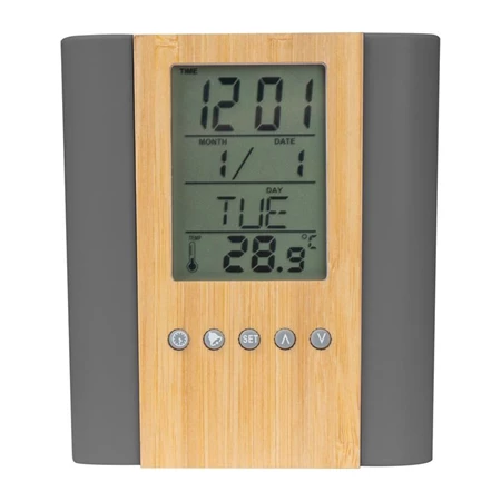 Írószertartó LCD kijelzővel, bambusz előlappal, órával, ébresztővel, dátum és napok jelzővel, és hőmérővel.