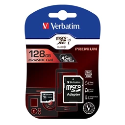 Memóriakártya microSDXC 128GB VERBATIM C10/U1, 70/10 MB/s, adapter