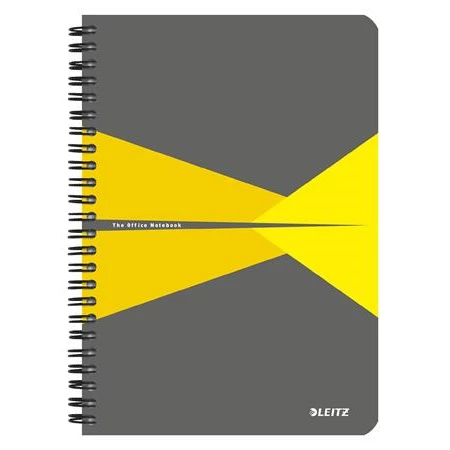 Spirálfüzet A/5 LEITZ Office 90 lap, laminált karton borító, vonalas, szürke-sárga