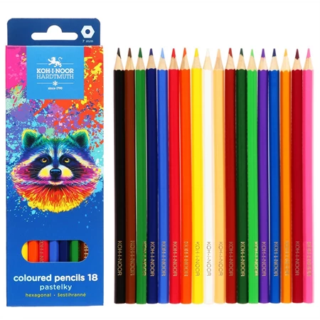 Színes ceruza készlet 18db-os KOH-I-NOOR 3553 mosómedve, hatszögletű fatest, 7mm-es ceruza vastagság