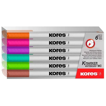 Tábla- és flipchart marker készlet, 1-3 mm kúpos, KORES K-Marker, 6 különböző szín
