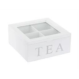 Teafilter tartó üvegtetejű doboz 4 rekeszes 18x18x8cm fehér