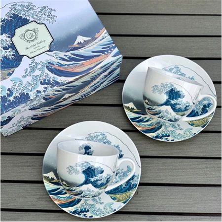 Bögre porcelán, alátéttel 280ml Hokusai-wave 2db/csomag