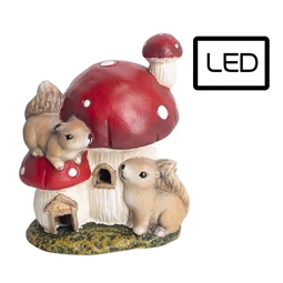 Dekoráció gomba házikó mókussal, kerámia LED-es 10x7cm piros