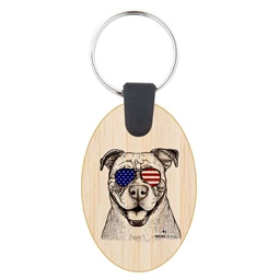 Kutya jó kulcstartó ovál bambusz  Amerikai bulldog 3,5x5,3x0,3cm