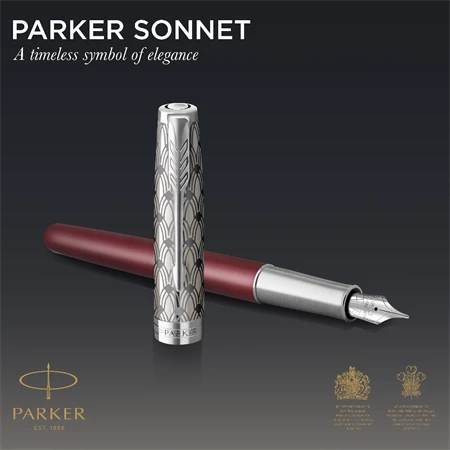 PARKER Sonnet Royal Premium 18k töltőtoll metál piros test+ezüst klipsz