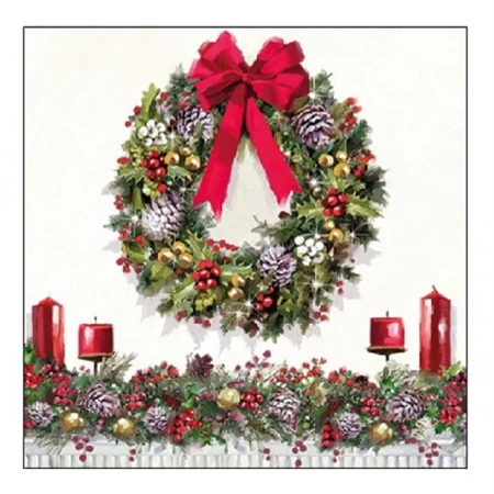 Szalvéta 25x25cm 20db/csomag BOW ON WREATH, Karácsonyi ajtókoszorú