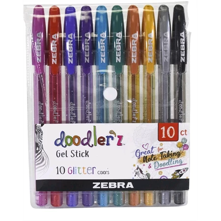 Zseléstoll készlet Zebra Doodlers 10 db-os csillámos, 0,33 mm, kupakos